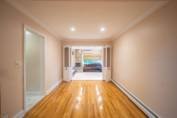 Empty room, Fireplace, Interior, Marble, Recessed Lighting, Wood Texture Flooring
