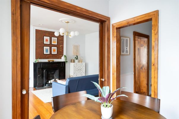 Chandelier, Dining room, Fireplace, Interior