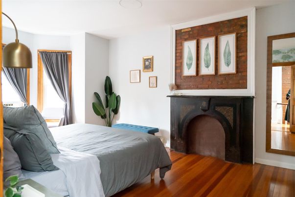 Bedroom, Fireplace, Interior, Wood Texture Flooring