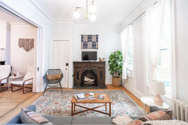 Fireplace, Interior, Living room, Pendant Lights, Wood Texture Flooring