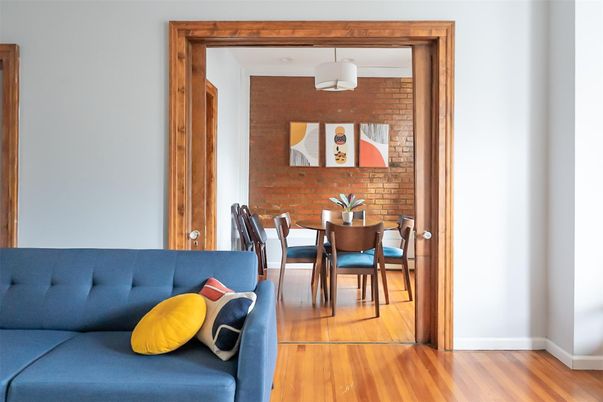 Dining room, Interior, Stone Walls, Wood Texture Flooring