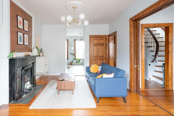 Fireplace, Interior, Living room, Pendant Lights, Wood Texture Flooring