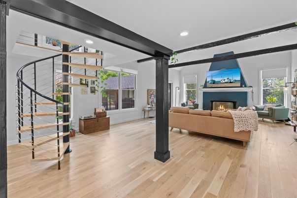 Fireplace, Interior, Living room, Recessed Lighting, Wood Texture Flooring