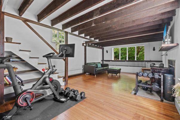 Fitness Equipment, Interior, Wooden Beams, Wood Texture Flooring
