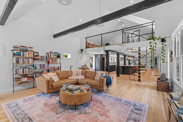 Interior, Living room, Pendant Lights, Recessed Lighting, Wooden Beams, Wood Texture Flooring