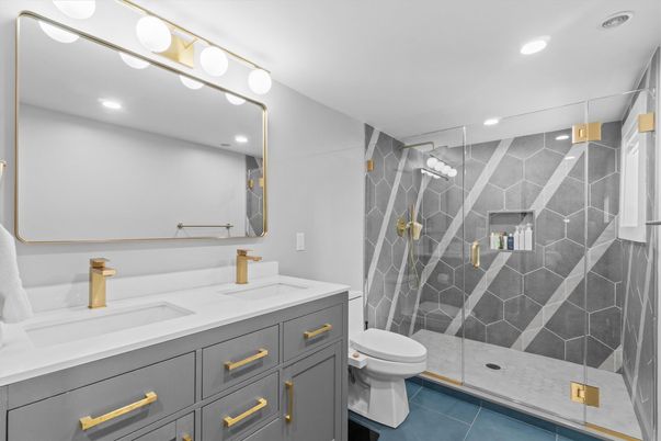 Bathroom, Dual Sink Vanities, Glass Shower, Interior, Recessed Lighting
