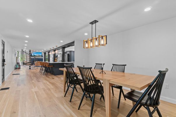 Dining room, Interior, Pendant Lights, Recessed Lighting, Wood Texture Flooring