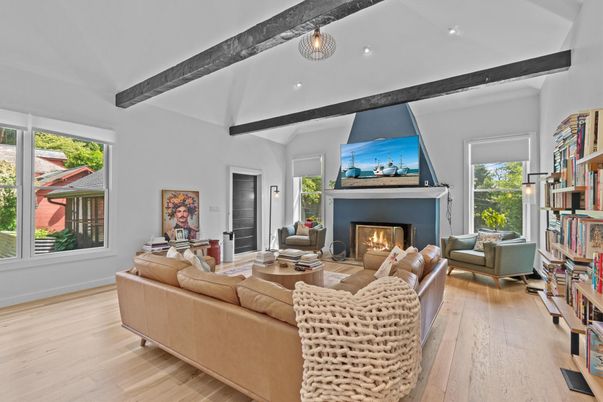 Fireplace, Interior, Living room, Recessed Lighting, Wooden Beams, Wood Texture Flooring