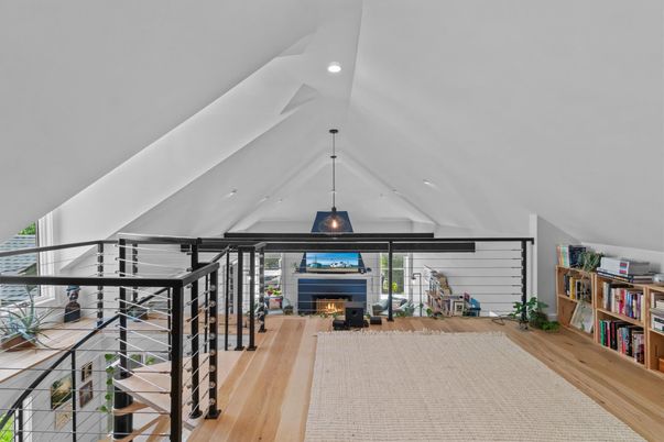 Fireplace, Interior, Pendant Lights, Recessed Lighting, Wood Texture Flooring