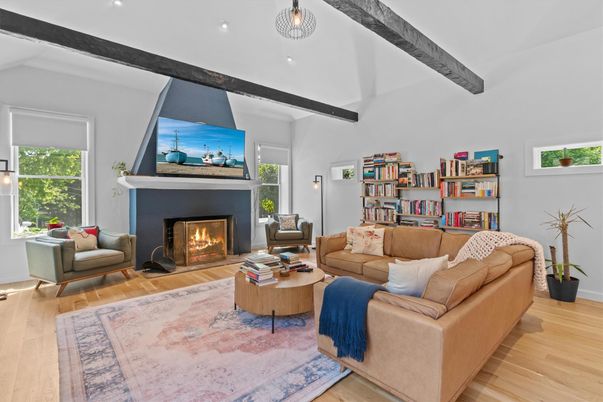 Fireplace, Interior, Living room, Recessed Lighting, Wooden Beams, Wood Texture Flooring