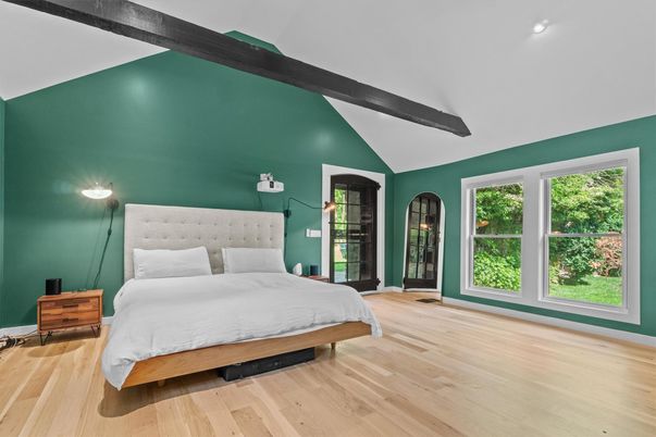 Bedroom, Interior, Recessed Lighting, Wooden Beams, Wood Texture Flooring