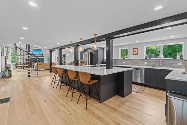 Interior, Kitchen, Pendant Lights, Recessed Lighting, Stainless Steel Appliances, Wood Texture Flooring