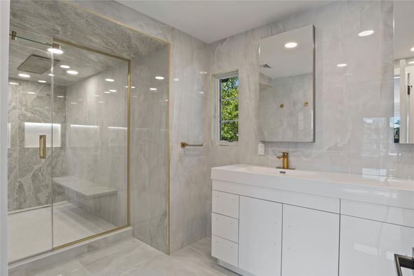Bathroom, Glass Shower, Interior, Marble Walls, Recessed Lighting