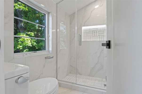 Bathroom, Glass Shower, Interior, Marble Walls, Recessed Lighting