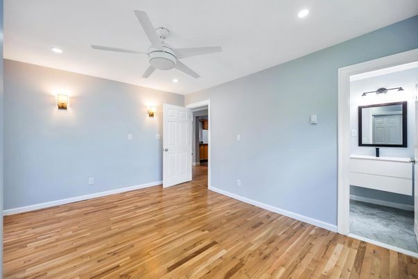 Bathroom, Empty room, Interior, Recessed Lighting, Wood Texture Flooring
