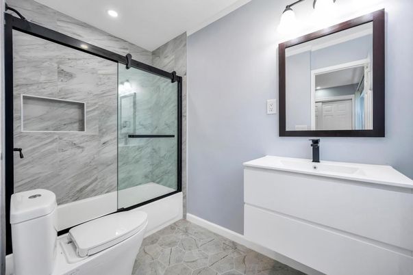 Bathroom, Glass Shower, Interior, Marble Walls, Recessed Lighting