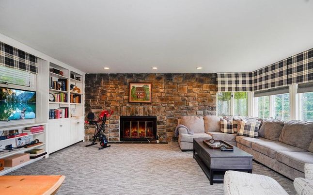 Fireplace, Interior, Living room, Recessed Lighting, Stone Walls