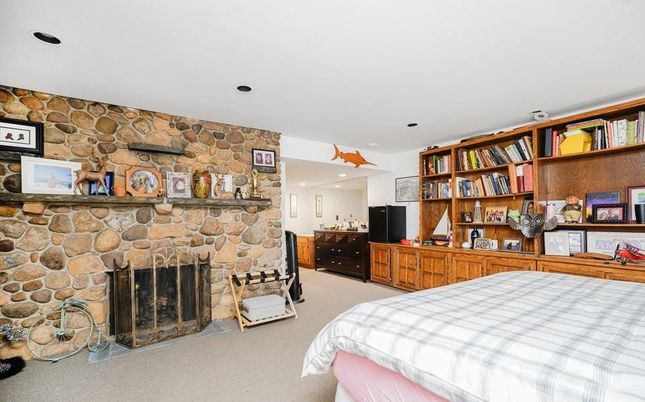 Bedroom, Fireplace, Interior, Recessed Lighting, Stone Walls