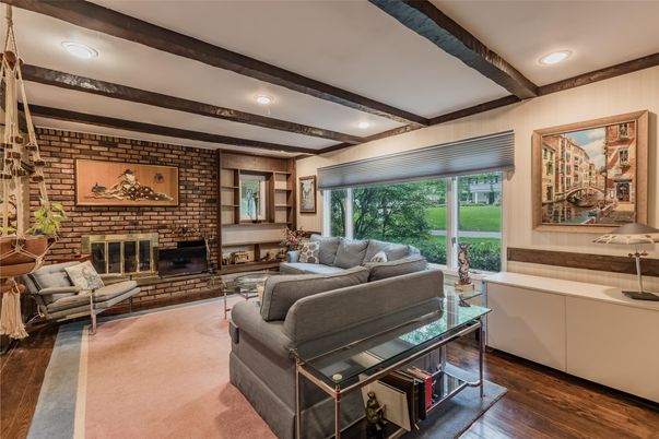 Fireplace, Interior, Living room, Recessed Lighting, Stone Walls, Wooden Beams, Wood Texture Flooring
