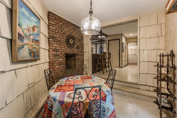 Dining room, Fireplace, Interior, Pendant Lights, Recessed Lighting, Stone Walls