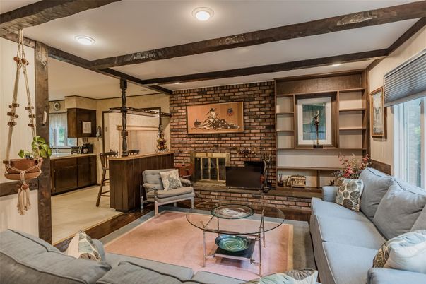 Fireplace, Interior, Living room, Recessed Lighting, Stone Walls