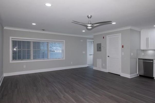 Empty room, Interior, Kitchen, Recessed Lighting, Wood Texture Flooring
