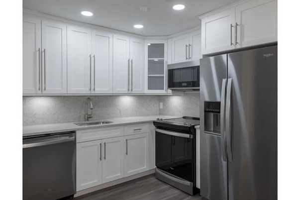 Interior, Kitchen, Recessed Lighting, Stainless Steel Appliances, Wood Texture Flooring