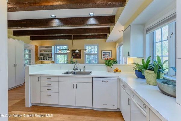 Interior, Kitchen, Pendant Lights, Recessed Lighting, Wooden Beams, Wood Texture Flooring