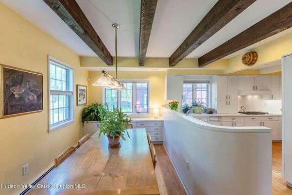 Dining room, Interior, Kitchen, Pendant Lights, Wooden Beams, Wood Texture Flooring