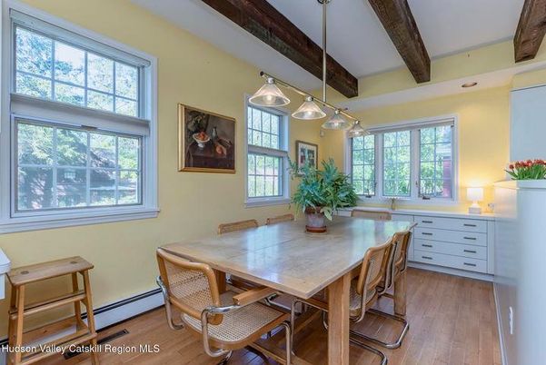 Dining room, Interior, Pendant Lights, Recessed Lighting, Wooden Beams, Wood Texture Flooring