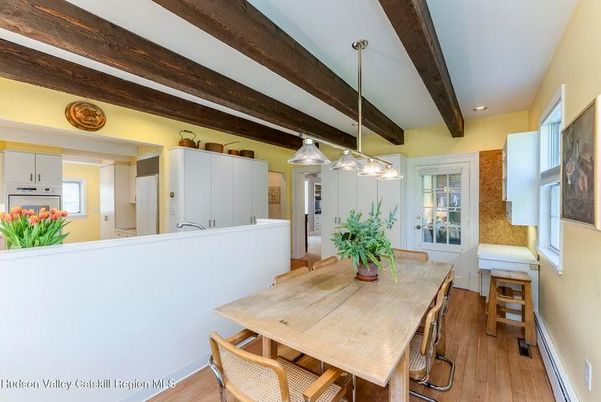 Dining room, Interior, Pendant Lights, Recessed Lighting, Wooden Beams, Wood Texture Flooring