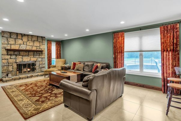 Fireplace, Interior, Living room, Recessed Lighting, Stone Walls