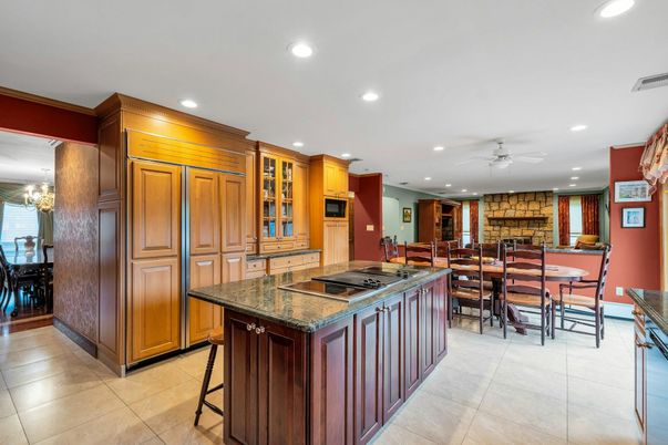 Chandelier, Dining room, Fireplace, Interior, Kitchen, Recessed Lighting