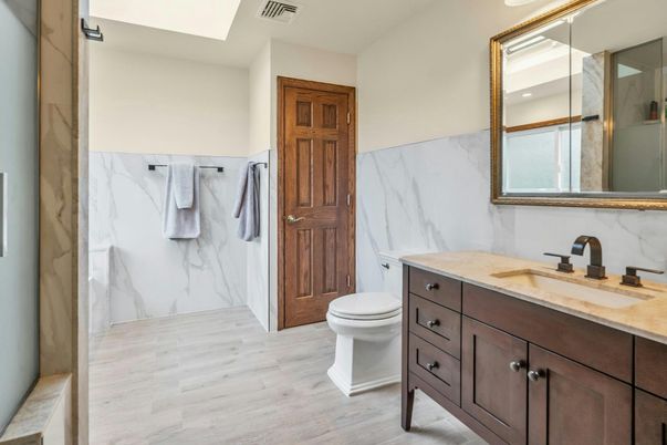 Bathroom, Interior, Marble Walls, Wood Texture Flooring