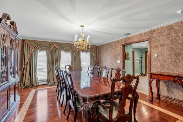 Chandelier, Dining room, Interior, Wood Texture Flooring