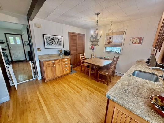Dining room, Interior, Pendant Lights, Wood Texture Flooring