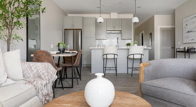 Dining room, Interior, Kitchen, Pendant Lights, Stainless Steel Appliances, Wood Texture Flooring