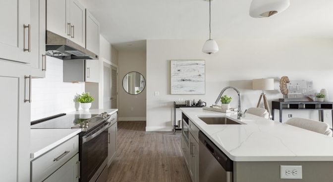 Interior, Kitchen, Pendant Lights, Stainless Steel Appliances, Wood Texture Flooring