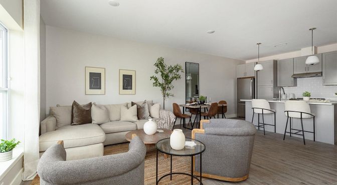 Dining room, Interior, Kitchen, Living room, Pendant Lights, Wood Texture Flooring