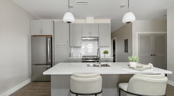 Interior, Kitchen, Pendant Lights, Stainless Steel Appliances, Wood Texture Flooring