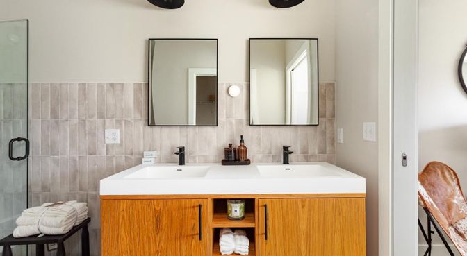 Bathroom, Dual Sink Vanities, Glass Shower, Interior
