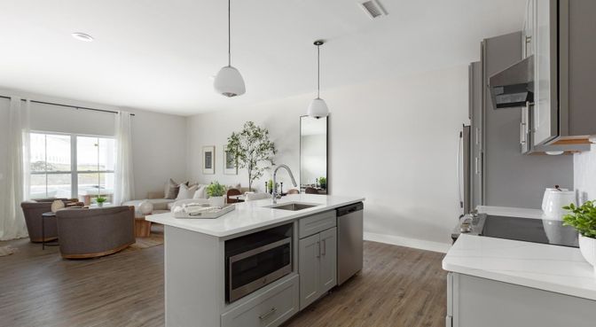 Interior, Kitchen, Living room, Pendant Lights, Recessed Lighting, Stainless Steel Appliances, Wood Texture Flooring