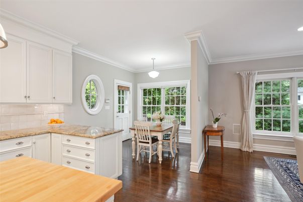 Dining room, Interior, Pendant Lights, Recessed Lighting, Wood Texture Flooring