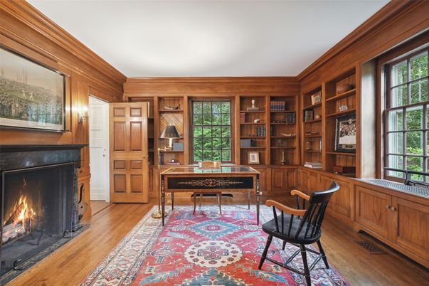 Fireplace, Home Office, Interior, Wood Texture Flooring, Wooden Walls