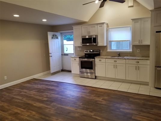 Interior, Kitchen, Recessed Lighting, Stainless Steel Appliances, Wood Texture Flooring