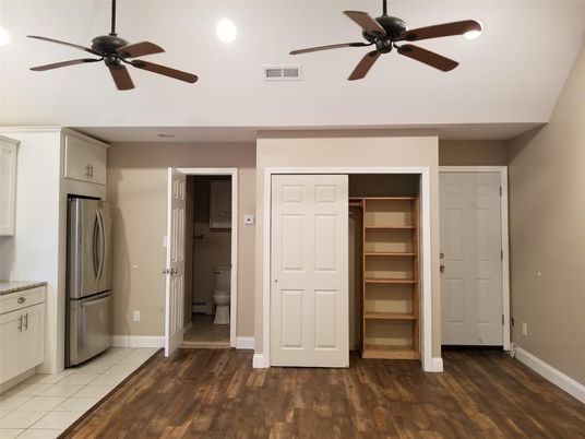 Empty room, Interior, Kitchen, Recessed Lighting, Wood Texture Flooring