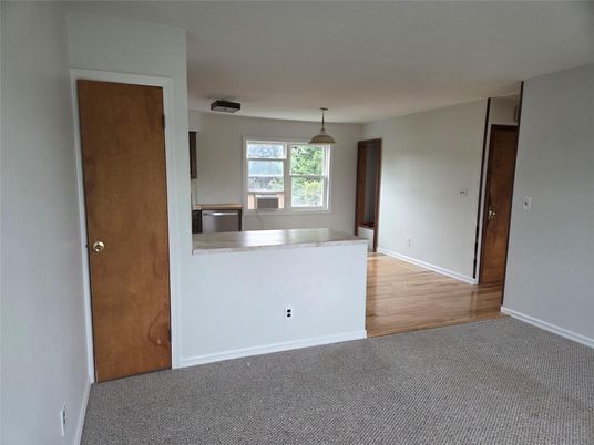 Empty room, Interior, Kitchen, Pendant Lights, Wood Texture Flooring