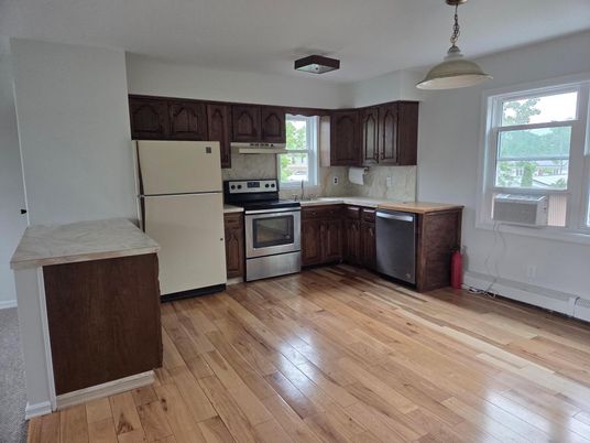 Interior, Kitchen, Pendant Lights, Stainless Steel Appliances, Wood Texture Flooring