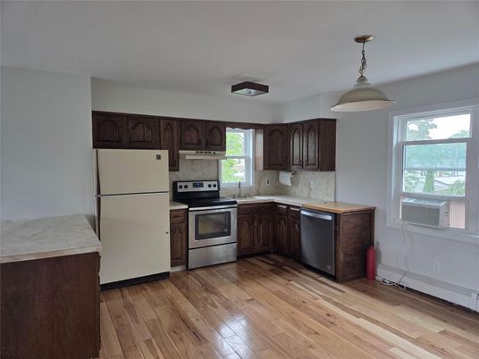 Interior, Kitchen, Pendant Lights, Stainless Steel Appliances, Wood Texture Flooring