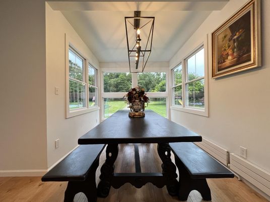 Dining room, Interior, Pendant Lights, Wood Texture Flooring